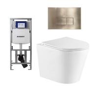 QeramiQ Dely Pack WC cuvette sans bride 36.3x51.7cm avec bâti-support Geberit UP320 abattant WC blanc mat frein de chute et plaque de commande laiton brossé boutons rectangulaires SW1000766/0701131/SW