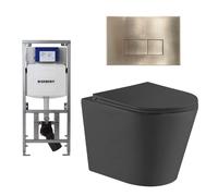 QeramiQ Dely Pack WC cuvette sans bride 36.3x51.7cm avec bâti-support Geberit UP320 abattant WC noir mat frein de chute et plaque de commande laiton brossé et boutons rectangulaires SW1026253/0701131/