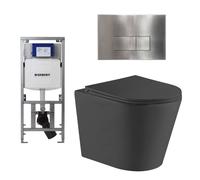 QeramiQ Dely Pack WC cuvette sans bride 36.3x51.7cm avec bâti-support Geberit UP320 abattant WC noir mat frein de chute et plaque de commande Steel boutons rectangulaires SW1026253/0701131/SW706195/SW