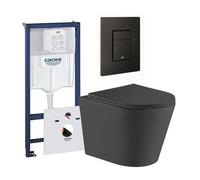 QeramiQ Dely Pack WC - réservoir encastré Grohe - plaque de déclenchement noir mat - WC rectangulaire - abattant - noir mat 0729205/SW1026253/sw656727/SW1000768