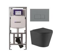 QeramiQ Dely Pack WC suspendu - 36.3x51.7cm - rimless - bâti-support Geberit UP320 - softclose abattant - plaque de commande gris clair - boutons rectangulaires - noir mat SW1026253/0701131/SW1102375/