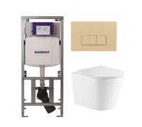 QeramiQ Dely Pack WC suspendu - 36.3x51.7cm - sans bride - bâti-support Geberit UP320 - abattant softclose - plaque de commande beige - boutons rectangulaires - blanc mat SW1026254/0701131/SW1102366/S