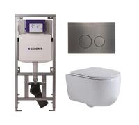 QeramiQ Dely Swirl Ensemble WC- 36,3x51,7 cm - fond creux - sans bride - réservoir encastré Geberit UP320 - abattant fin - plaque de commande en gunmetal - boutons ronds - blanc mat 0701131/SW706198/S