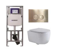 QeramiQ Dely Swirl Ensemble WC- 36,3x51,7 cm - fond creux - sans bride- réservoir encastré Geberit UP320 - abattant fin - plaque de commande en laiton brossé - boutons ronds - blanc mat 0701131/SW7062
