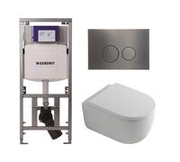 QeramiQ Dely Swirl Ensemble WC- 36.3x51.7cm - Fond creux - Sans bride - Réservoir encastré Geberit UP320 - Abattant de 35mm d'épaisseur - Plaque de commande en gunmetal - Boutons ronds - Blanc mat 070