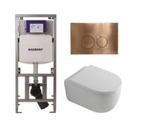 QeramiQ Dely Swirl Ensemble WC- 36.3x51.7cm - Fond creux - Sans bride - Réservoir encastré Geberit UP320 - Abattant de 35mm d'épaisseur - Plaque de commande en cuivre - Boutons ronds - Blanc mat 07011