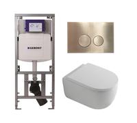 QeramiQ Dely Swirl Ensemble WC- 36.3x51.7cm - Réservoir encastré Geberit UP320 - Abattant 35mm - Plaque de commande en laiton brossé - Boutons ronds - Finition blanc brillant 0701131/SW706200/SW100076