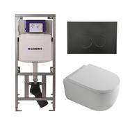 QeramiQ Dely Swirl Ensemble WC- 36.3x51.7cm - Réservoir encastré Geberit UP320 - Abattant de 35mm - Plaque de commande en métal noir mat - Boutons ronds - Blanc brillant 0701131/SW706192/SW1000767/SW1
