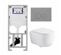 QeramiQ Dely Swirl Ensemble WC - 36.3x51.7cm - réservoir encastré Geberit UP320 - avec châssis Burda - abattant slim - plaque de commande gris clair - boutons ronds - blanc mat 0701131/SW1102374/SW100