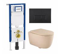 QeramiQ Dely Swirl Ensemble WC - 36.3x51.7cm - réservoir encastré Geberit UP720 Duofix Sigma - abattant 35mm - plaque de commande noir mat - boutons rectangulaires - beige mat SW1237202/SW706189/SW100