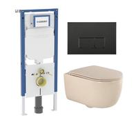 QeramiQ Dely Swirl Ensemble WC - 36.3x51.7cm - réservoir encastré Geberit UP720 Duofix Sigma - abattant fin - plaque de commande noire mate - boutons rectangulaires - beige mat SW1237202/SW706189/SW10