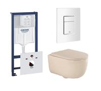 QeramiQ Dely Swirl Ensemble WC- 36,5x53cm - Réservoir encastré Grohe Rapid - Abattant de 35mm d'épaisseur - Plaque de commande blanche - Boutons rectangulaires - Beige 0720003/0729205/SW1000771/SW1026
