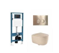 QeramiQ Dely Swirl Ensemble WC - réservoir encastré QeramiQ Flush - abattant 35mm - plaque de commande en métal laiton brossé - boutons ronds - beige SW1026259/SW1448813/SW1000771/SW706200