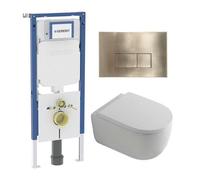 QeramiQ Dely Swirl Pack WC - 36.3x51.7cm - à fond creux - sans bride - réservoir encastré Geberit UP720 Duofix Sigma - assise 35mm - plaque de déclenchement en laiton brossé - boutons rectangulaires -