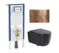 QeramiQ Dely Swirl Pack WC - 36,3x51,7cm - réservoir encastré Geberit UP720 - assise de 35mm - plaque de commande en cuivre - boutons ronds - noir mat SW1237202/SW706196/SW1000769/SW106258