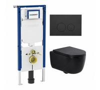 QeramiQ Dely Swirl Pack WC - 36,3x51,7cm - réservoir encastré Geberit UP720 Duofix Sigma - assise 35mm - plaque de déclenchement mat anthracite - boutons ronds - mat noir SW1237202/SW1102376/SW1000769