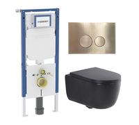 QeramiQ Dely Swirl Pack WC - 36,3x51,7cm - réservoir encastré Geberit UP720 Duofix Sigma - assise 35mm - plaque de déclenchement en laiton brossé - boutons ronds - noir mat SW1237202/SW706200/SW100076