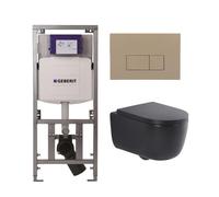 QeramiQ Dely Swirl Pack WC suspendu - 36.3x51.7cm - bâti-support Geberit UP320 - abattant 35mm - plaque de commande taupe - boutons rectangulaires - noir mat 0701131/SW1102379/SW1000769/SW1026258