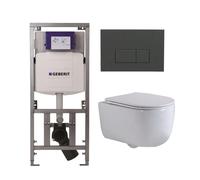 QeramiQ Dely Swirl Pack WC suspendu - 36.3x51.7cm - bâti-support Geberit UP320 - abattant slim - plaque de commande anthracite mat - boutons rectangulaires - blanc brillant 0701131/SW1102377/SW1000766