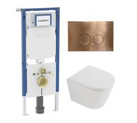 QeramiQ Dely Toiletset - 36.3x51.7cm - diepspoel - rimless - Geberit UP720 inbouwreservoir - softclose toilet zitting 35 mm - koperen bedieningsplaat - ronde knoppen - mat wit SW1026254/SW1000767/SW12