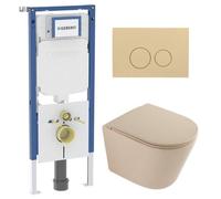 QeramiQ Dely Toiletset - 36.3x51.7cm - diepspoel - rimless - Geberit UP720 inbouwreservoir - softclose toilet zitting - bedieningsplaat beige - ronde knoppen - mat beige SW1000764/SW1000770/SW1237202/