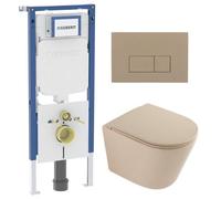 QeramiQ Dely Toiletset - 36.3x51.7cm - diepspoel - rimless - Geberit UP720 inbouwreservoir - softclose toilet zitting - bedieningsplaat taupe - rechthoekige knoppen - mat beige SW1000764/SW1000770/SW1