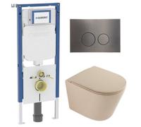 QeramiQ Dely Toiletset - 36.3x51.7cm - diepspoel - rimless - Geberit UP720 inbouwreservoir - softclose toilet zitting - gunmetal bedieningsplaat - ronde knoppen - mat beige SW1000764/SW1000770/SW12372