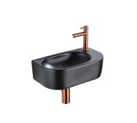 QeramiQ Fuente Ensemble de Lavabo - 40x21.5x12cm - droit - lisse - demi-rond - 1 trou de robinet - céramique - ensemble de robinet en cuivre brossé - bouchon de vidange - siphon abaissé - noir mat SW1