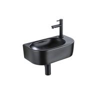 QeramiQ Fuente Ensemble de lavabo - 40x21.5x12cm - droit - lisse - demi-rond - 1 trou de robinet - céramique - robinet de lave-mains noir mat - bouchon de vidange - siphon abaissé - noir mat SW1209552