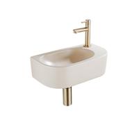 QeramiQ Fuente Ensemble de lavabo - 40x21.5x12cm - droit - lisse - demi-rond - 1 trou de robinet - céramique - robinet de lavabo laiton brossé - bouchon de vidange - siphon abaissé - beige SW1209553/S