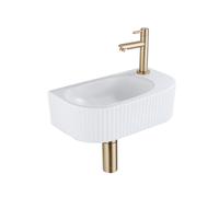 QeramiQ Fuente Ensemble de Lavabo - 40x21.5x12cm - droit - strié - demi-rond - 1 trou de robinet - céramique - ensemble de robinet en laiton brossé - bouchon de vidange - siphon abaissé - blanc mat SW