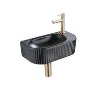 QeramiQ Fuente Ensemble de lavabo - 40x21.5x12cm - droit - strié - demi-rond - 1 trou de robinet - céramique - robinet de lavabo laiton brossé - bonde de vidage - siphon abaissé - noir mat SW1522214/S