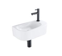 QeramiQ Fuente Ensemble de lavabo - 40x21.5x12cm - droite - lisse - demi-rond - 1 trou de robinet - céramique - robinet de lavabo noir mat - bouchon de vidange - siphon abaissé - blanc brillant SW1209