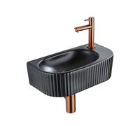 QeramiQ Fuente Ensemble de lavabo - 40x21.5x12cm - droite - nervuré - demi-rond - 1 trou de robinet - céramique - robinet de lavabo cuivre brossé - bonde de vidage - siphon abaissé - noir mat SW152221