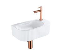 QeramiQ Fuente Ensemble de Lavabo - 40x21.5x12cm - droite - strié - demi-rond - 1 trou de robinet - céramique - ensemble de robinet en cuivre brossé - bouchon de vidange - siphon réduit - blanc brilla