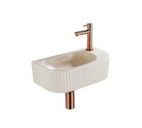 QeramiQ Fuente Ensemble de Lavabo - 40x21.5x12cm - droite - strié - demi-rond - 1 trou de robinet - céramique - ensemble de robinet en cuivre brossé - bouchon de vidange - siphon réduit - beige SW1209