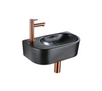 QeramiQ Fuente Ensemble de Lavabo - 40x21.5x12cm - gauche - lisse - demi-rond - 1 trou de robinet - céramique - ensemble de robinet en cuivre brossé - bouchon de vidange - siphon abaissé - noir mat SW