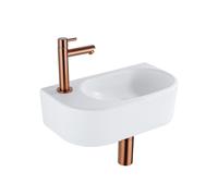 QeramiQ Fuente Ensemble de Lavabo - 40x21.5x12cm - gauche - lisse - demi-rond - 1 trou de robinet - céramique - ensemble de robinet en cuivre brossé - bouchon de vidange - siphon réduit - blanc mat SW