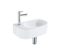 QeramiQ Fuente Ensemble de Lavabo - 40x21.5x12cm - gauche - lisse - demi-rond - 1 trou de robinet - céramique - ensemble de robinet chrome - bouchon de vidange - siphon abaissé - blanc brillant SW1209