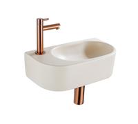 QeramiQ Fuente Ensemble de lavabo - 40x21.5x12cm - gauche - lisse - demi-rond - 1 trou de robinet - céramique - robinet de lavabo cuivre brossé - bouchon de vidange - siphon abaissé - beige SW1209557/