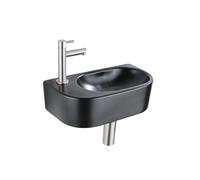 QeramiQ Fuente Ensemble de lavabo - 40x21.5x12cm - gauche - lisse - demi-rond - 1 trou de robinet - céramique - robinet de lavabo en acier inoxydable brossé - bouchon de vidange - siphon abaissé - noi