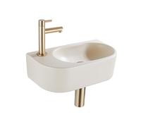 QeramiQ Fuente Ensemble de lavabo - 40x21.5x12cm - gauche - lisse - semi-circulaire - 1 trou de robinet - céramique - robinet de lave-mains en laiton brossé - bouchon de vidange - siphon abaissé - bei
