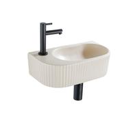 QeramiQ Fuente Ensemble de lavabo - 40x21.5x12cm - gauche - nervuré - demi-rond - 1 trou de robinet - céramique - robinet de lavabo noir mat - bonde - siphon abaissé - beige SW1209549/SW696205/SW69621