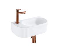 QeramiQ Fuente Ensemble de lavabo - 40x21.5x12cm - gauche - nervuré - demi-rond - 1 trou de robinet - céramique - robinet de lavabo cuivre brossé - bouchon de vidange - siphon abaissé - blanc brillant