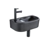 QeramiQ Fuente Ensemble de lavabo - 40x21.5x12cm - gauche - rainuré - demi-rond - 1 trou de robinet - céramique - robinet de lavabo noir mat - bonde - siphon abaissé - noir mat SW1209548/SW696205/SW69