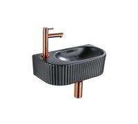 QeramiQ Fuente Ensemble de Lavabo - 40x21.5x12cm - gauche - strié - demi-rond - 1 trou de robinet - céramique - ensemble de robinet en cuivre brossé - bouchon de vidange - siphon abaissé - noir mat SW