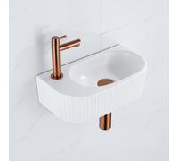 QeramiQ Fuente Ensemble de Lavabo - 40x21.5x12cm - gauche - strié - demi-rond - 1 trou de robinet - céramique - ensemble de robinet en cuivre brossé - bouchon de vidange - siphon abaissé - blanc mat S