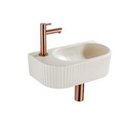 QeramiQ Fuente Ensemble de Lavabo - 40x21.5x12cm - gauche - strié - demi-rond - 1 trou de robinet - céramique - ensemble de robinet en cuivre brossé - bouchon de vidange - siphon abaissé - beige SW120