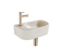 QeramiQ Fuente Ensemble de Lavabo - 40x21.5x12cm - gauche - strié - demi-rond - 1 trou de robinet - céramique - robinet de lavabo en laiton brossé - bouchon de vidange - siphon abaissé - beige SW15222