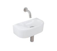 QeramiQ Fuente Ensemble de Lavabo - 40x21.5x12cm - lisse - demi-rond - céramique - ensemble de robinet en acier inoxydable brossé - bouchon de vidange - siphon réduit - blanc brillant SW1210762/SW6962
